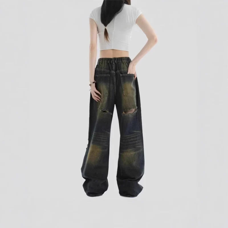 Damen Modische Weitbeinjeans mit zerrissenen Details Drune