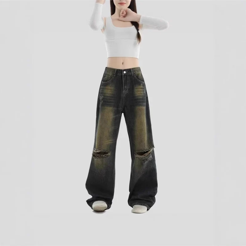 Damen Modische Weitbeinjeans mit zerrissenen Details Drune
