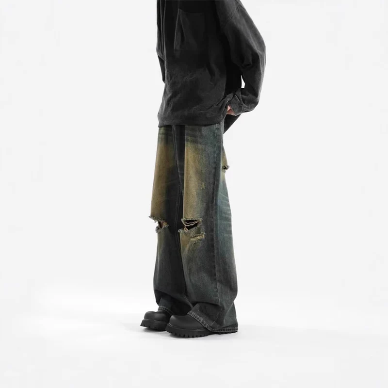 Damen Modische Weitbeinjeans mit zerrissenen Details Drune