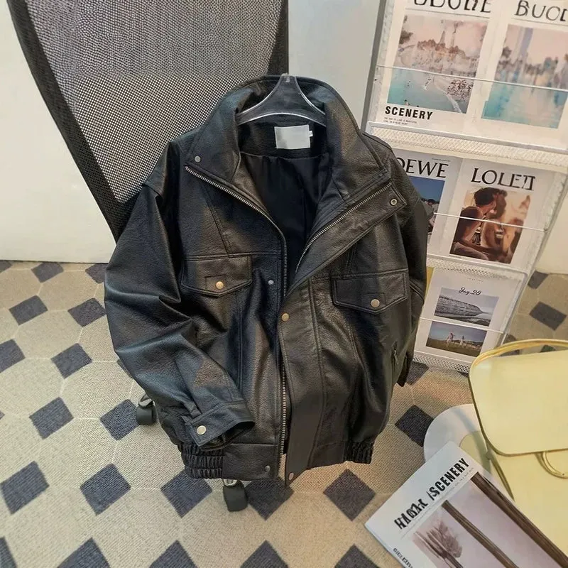 Damen Modische Kunstlederjacke mit hohem Kragen Drune