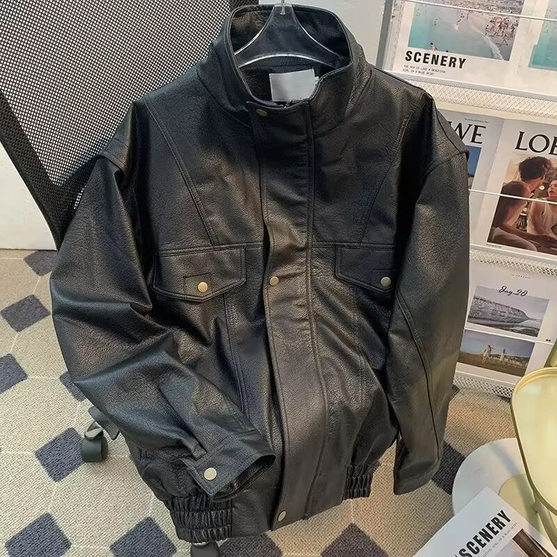 Damen Modische Kunstlederjacke mit hohem Kragen Drune