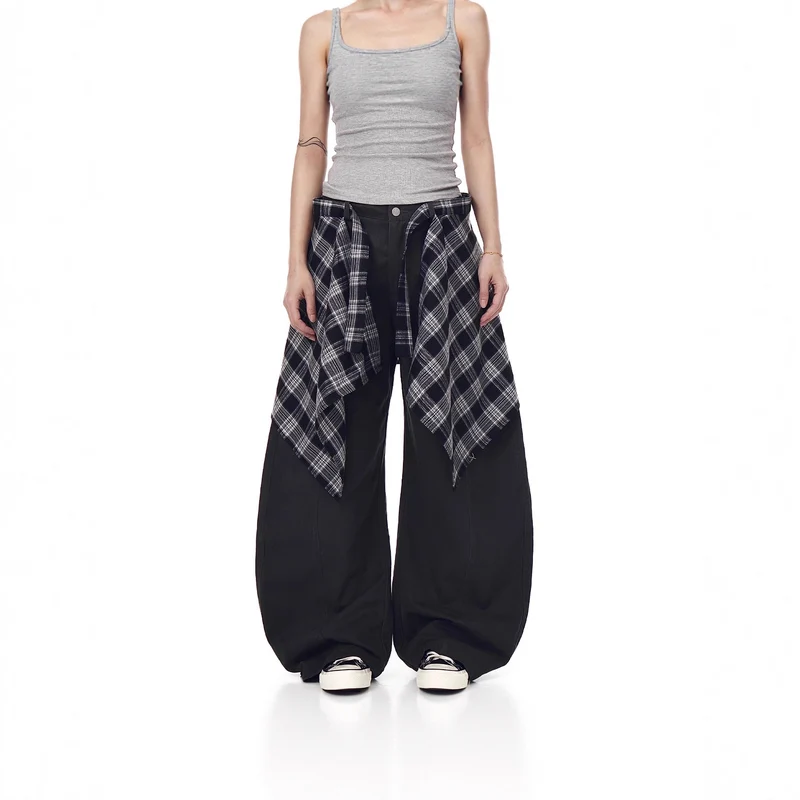 Damen Modische Harem-Hose mit kariertem Überwurf Drune