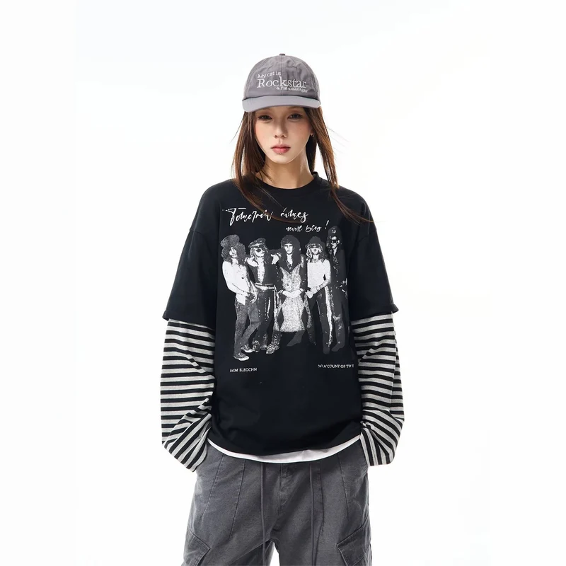 Damen Lässiges Oversized T-Shirt mit gestreiften Ärmeln Drune