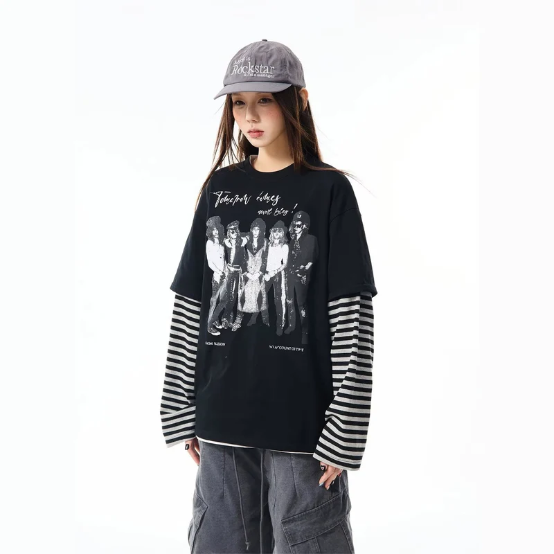 Damen Lässiges Oversized T-Shirt mit gestreiften Ärmeln Drune