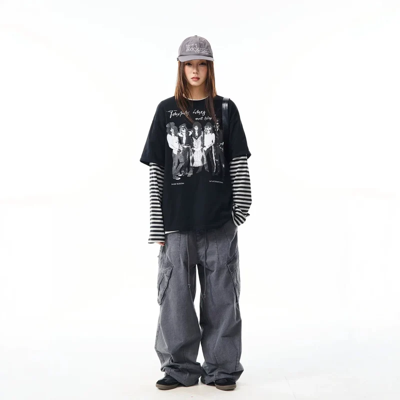 Damen Lässiges Oversized T-Shirt mit gestreiften Ärmeln Drune