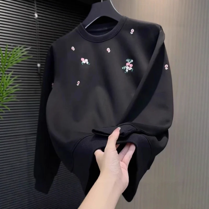 Damen Eleganter Oversized Pullover mit floralem Stickdesign Drune