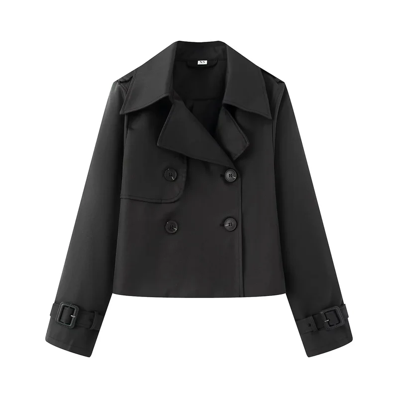 Damen nan kurz geschnittener Cropped Trenchcoat mit doppelreihiger Knopfleiste und verstellbaren Ärmelriemen Drune