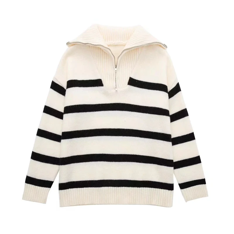 Damen Gestreifter Halb-Reißverschluss Strickpullover mit Rippenkragen Drune