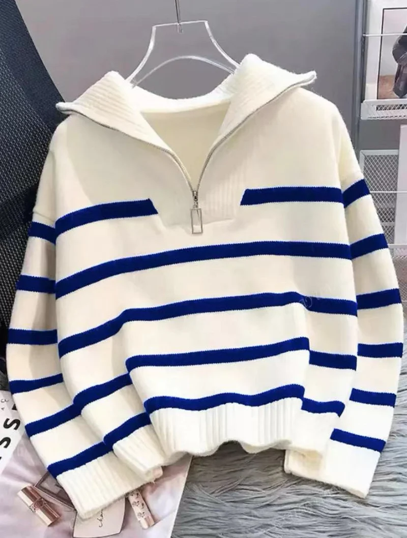Damen Gestreifter Halb-Reißverschluss Strickpullover mit Rippenkragen Drune