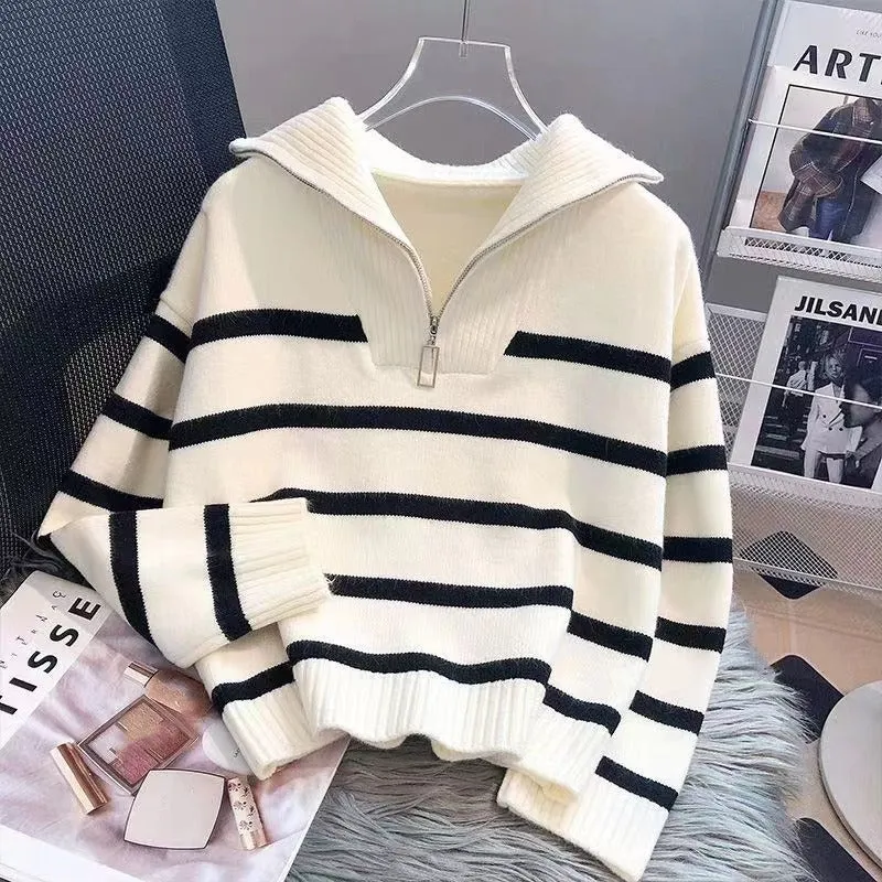 Damen Gestreifter Halb-Reißverschluss Strickpullover mit Rippenkragen Drune