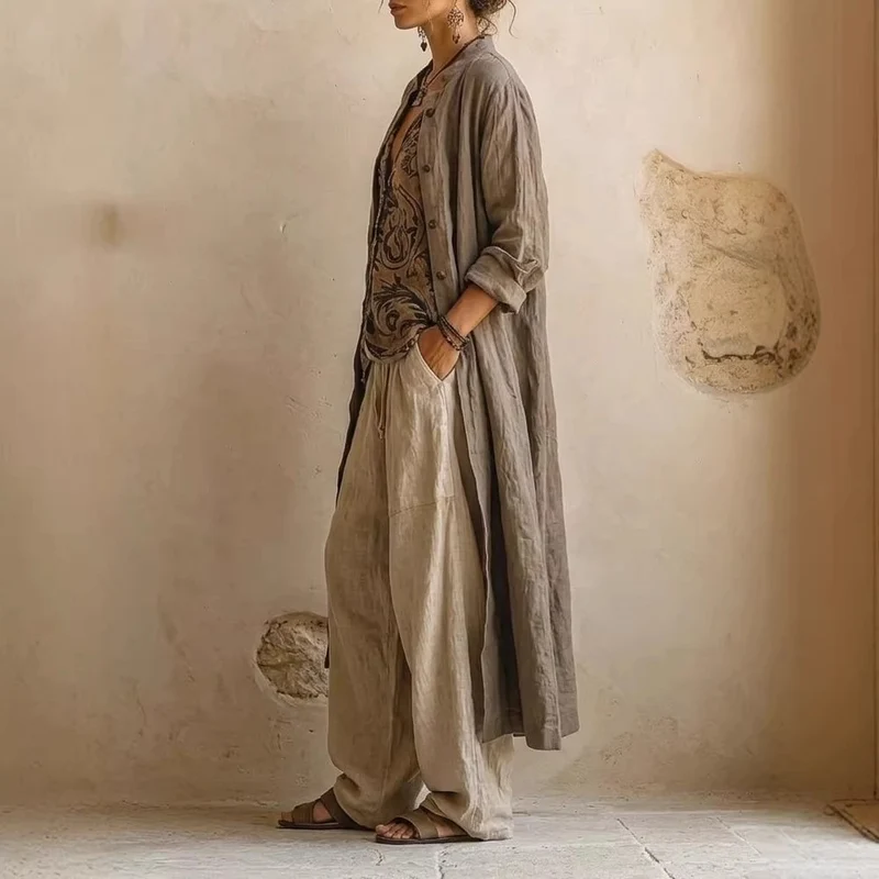 3-teiliges Set im Vintage-Print für Damen: Lässiger langer Cardigan/Mantel mit langen Ärmeln, Oberteil mit V-Ausschnitt und weit geschnittene Hose – Drune