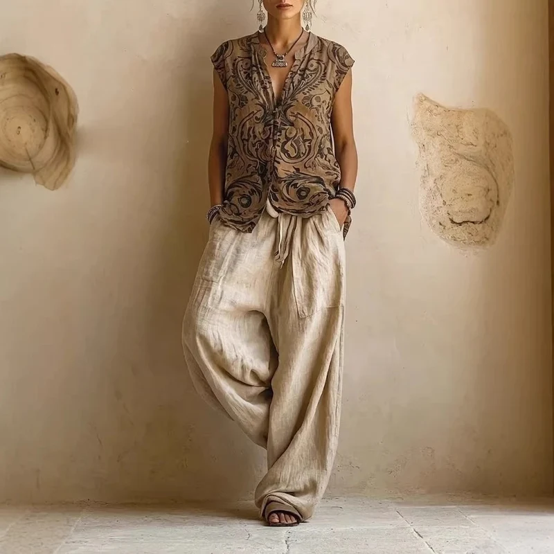 3-teiliges Set im Vintage-Print für Damen: Lässiger langer Cardigan/Mantel mit langen Ärmeln, Oberteil mit V-Ausschnitt und weit geschnittene Hose – Drune