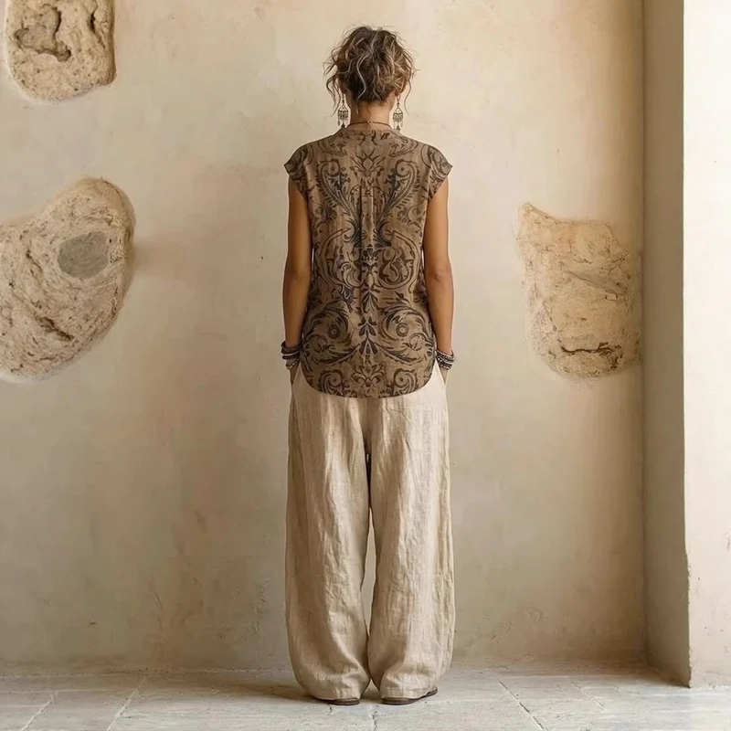 3-teiliges Set im Vintage-Print für Damen: Lässiger langer Cardigan/Mantel mit langen Ärmeln, Oberteil mit V-Ausschnitt und weit geschnittene Hose – Drune