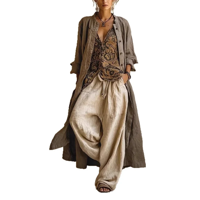 3-teiliges Set im Vintage-Print für Damen: Lässiger langer Cardigan/Mantel mit langen Ärmeln, Oberteil mit V-Ausschnitt und weit geschnittene Hose – Drune
