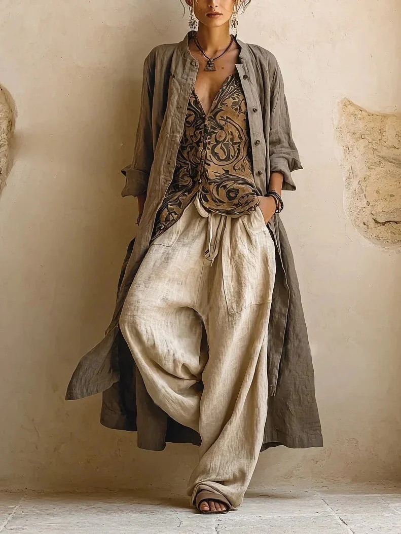 3-teiliges Set im Vintage-Print für Damen: Lässiger langer Cardigan/Mantel mit langen Ärmeln, Oberteil mit V-Ausschnitt und weit geschnittene Hose – Drune