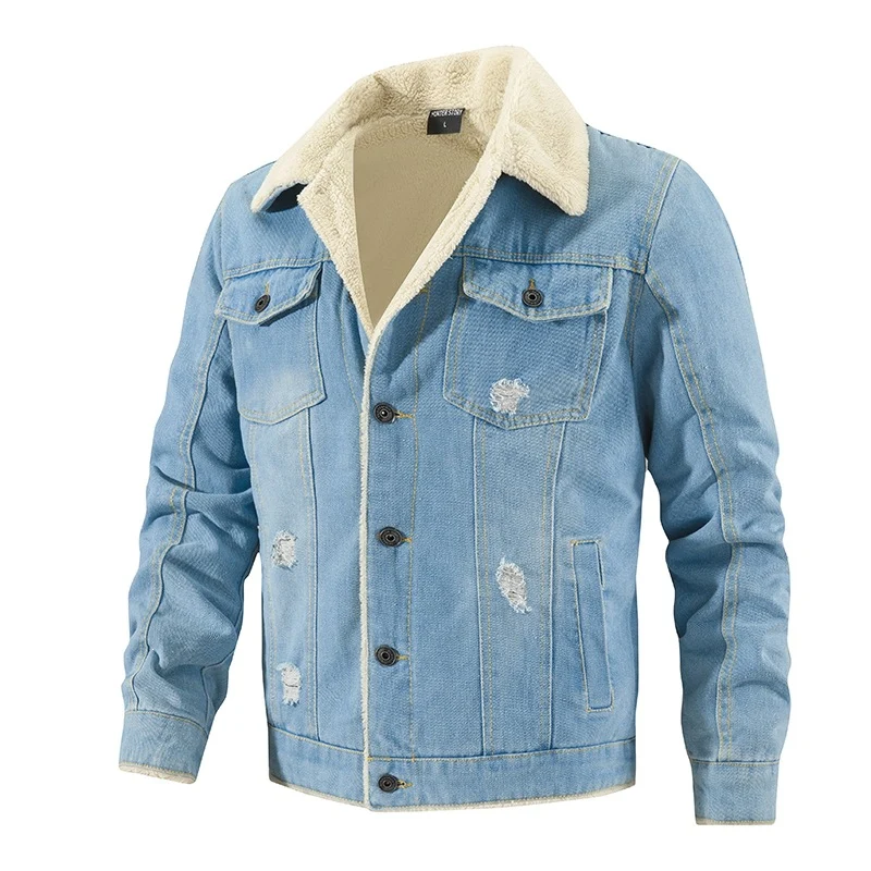 Herren Jeansjacke mit Teddyfutter, Sherpa‑Innenfutter und Used‑Look Drune