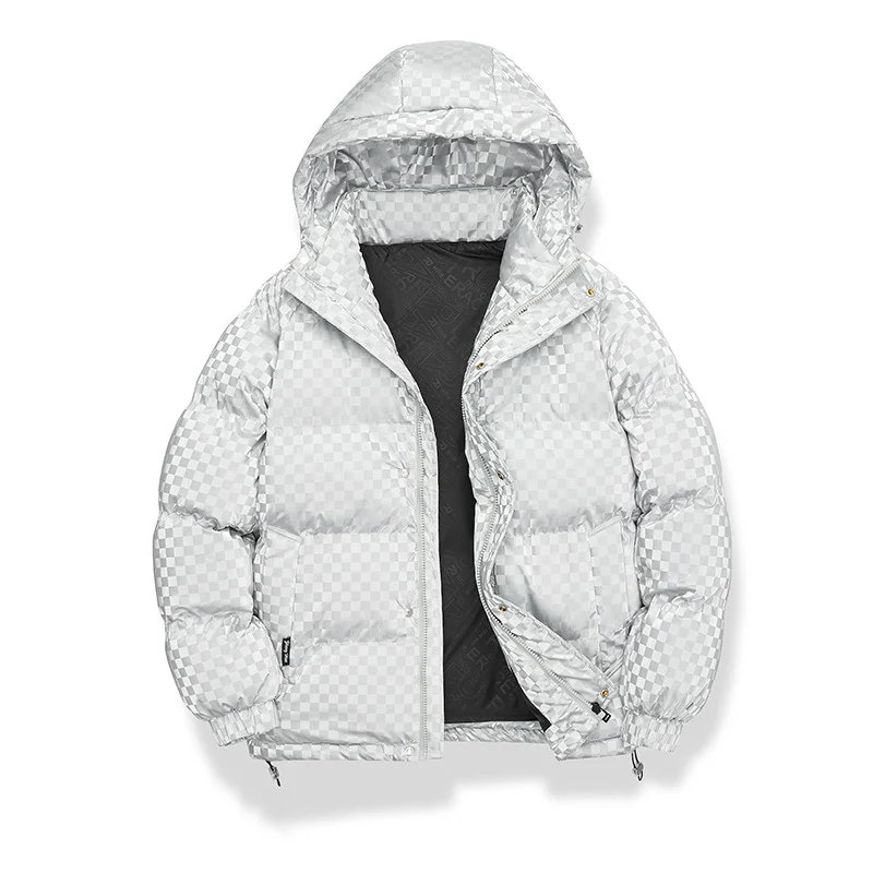 Herren Hochglänzende gesteppte Thermojacke mit Kapuze & Karo‑Struktur Drune