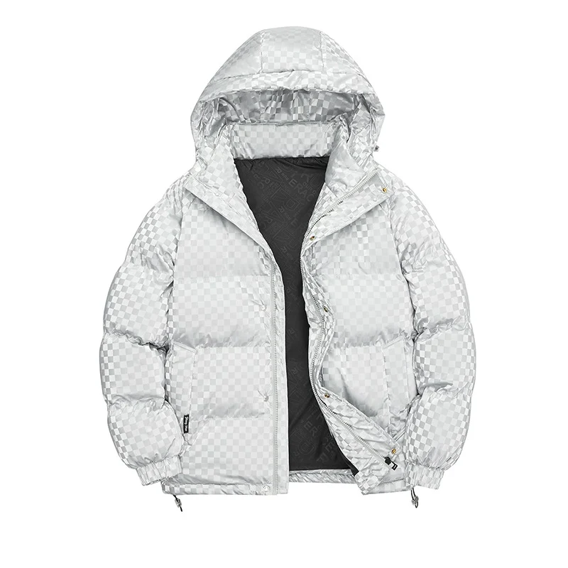 Herren Hochglänzende gesteppte Thermojacke mit Kapuze & Karo‑Struktur Drune
