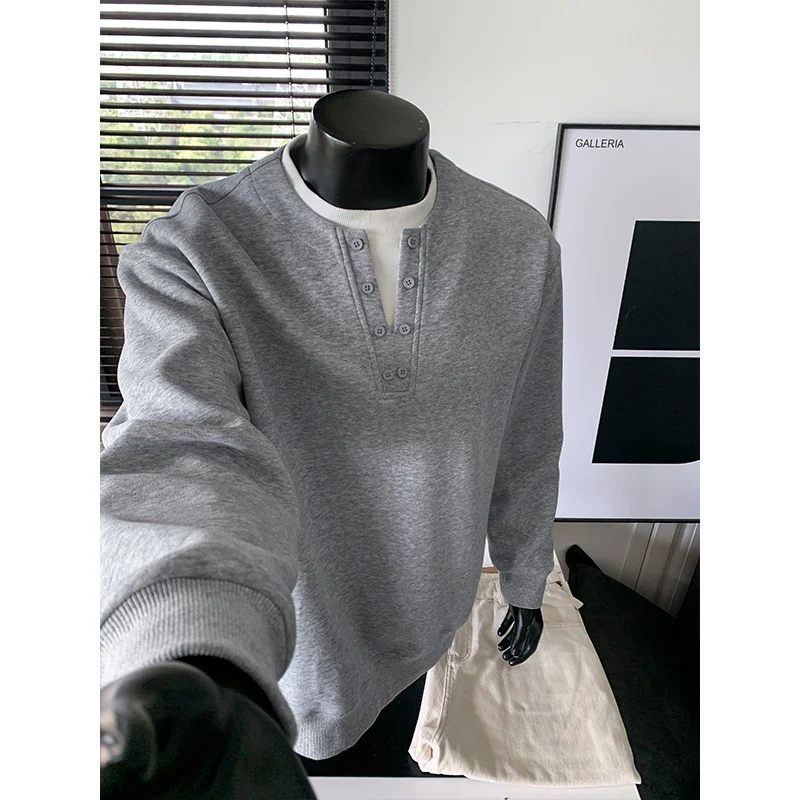 Herren Henley-Sweatshirt mit Knopfleiste, Oversize-Schnitt & gerippten Bündchen Drune