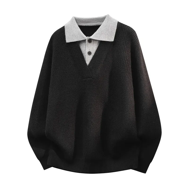 Herren Grobstrick-Pullover mit tiefem V-Ausschnitt und kontrastierendem Polokragen Drune