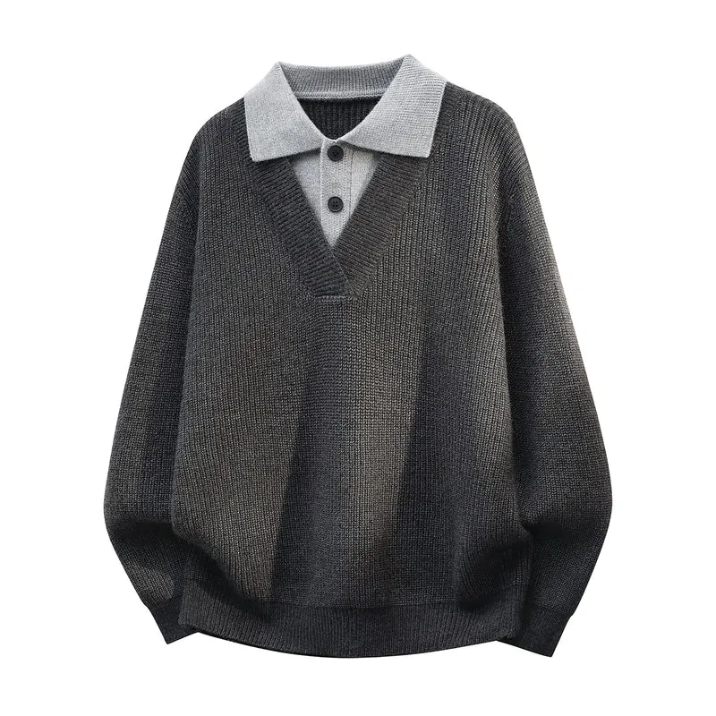 Herren Grobstrick-Pullover mit tiefem V-Ausschnitt und kontrastierendem Polokragen Drune