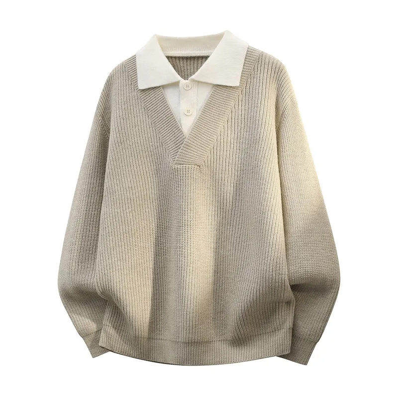 Herren Grobstrick-Pullover mit tiefem V-Ausschnitt und kontrastierendem Polokragen Drune