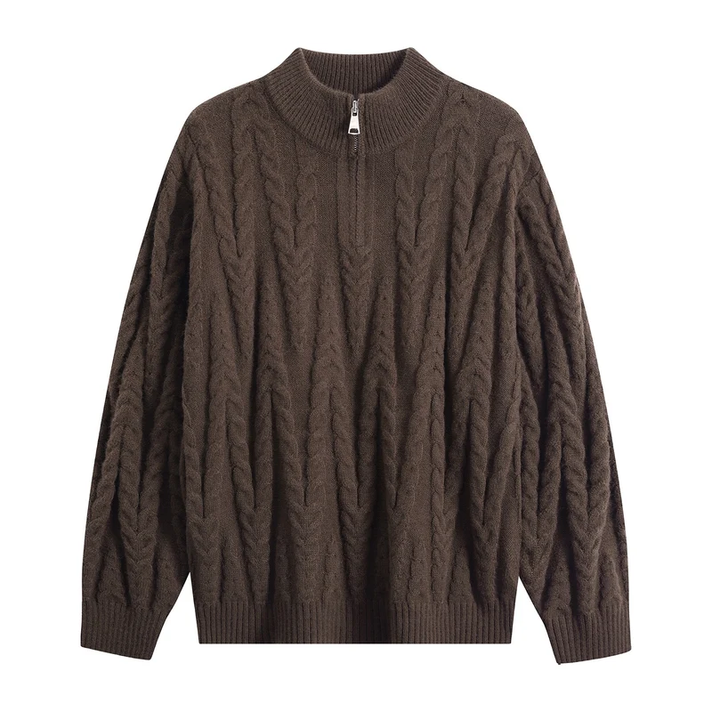 Herren Grobstrick-Halbzip-Pullover im Oversize-Zopfmuster mit hohem Rippkragen Drune