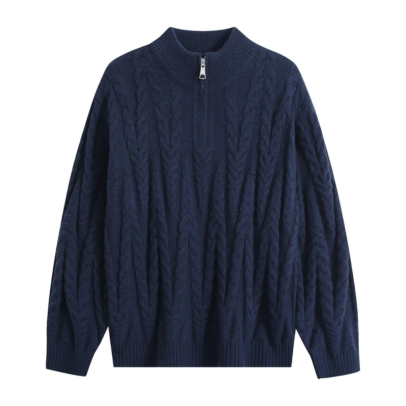 Herren Grobstrick-Halbzip-Pullover im Oversize-Zopfmuster mit hohem Rippkragen Drune