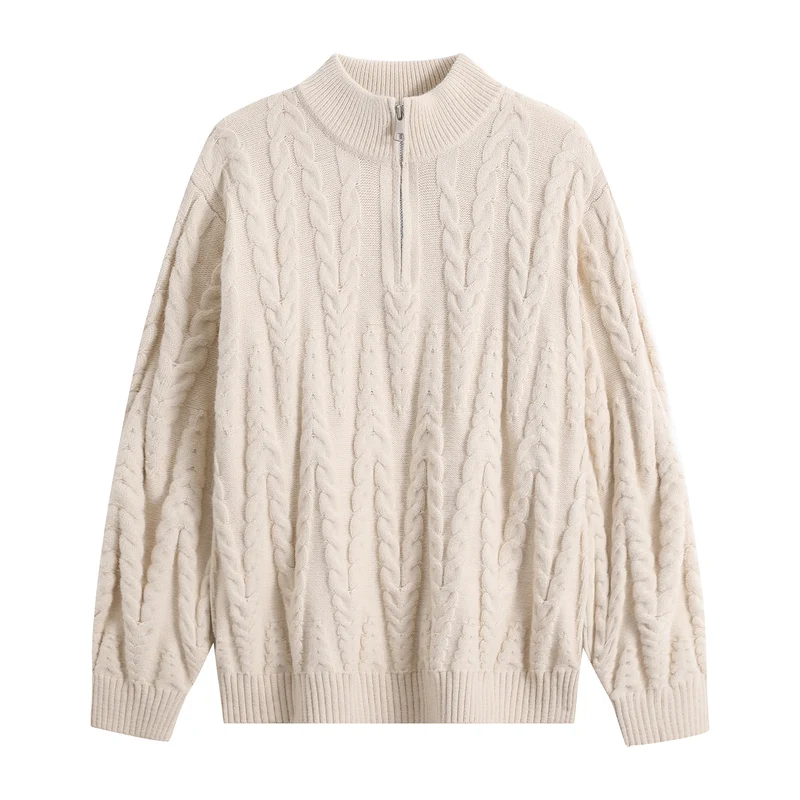 Herren Grobstrick-Halbzip-Pullover im Oversize-Zopfmuster mit hohem Rippkragen Drune