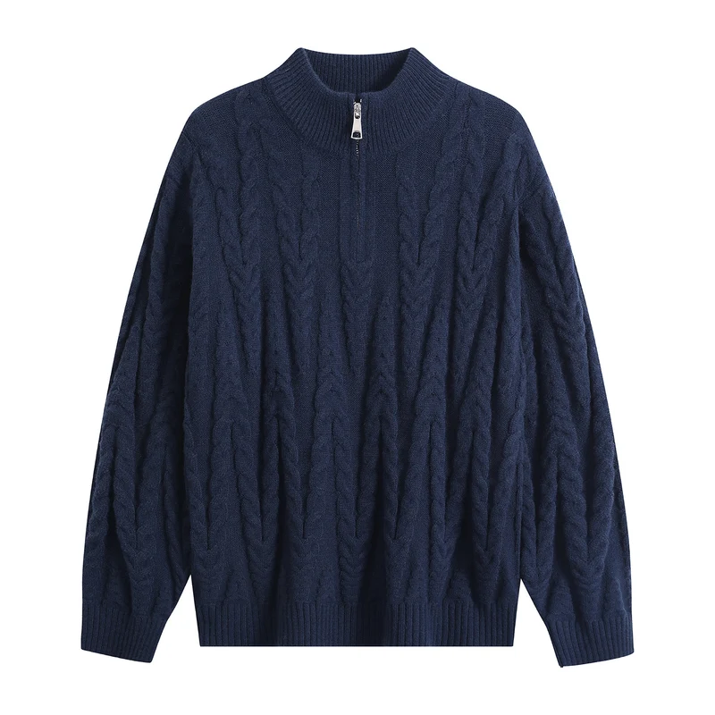 Herren Grobstrick-Halbzip-Pullover im Oversize-Zopfmuster mit hohem Rippkragen Drune