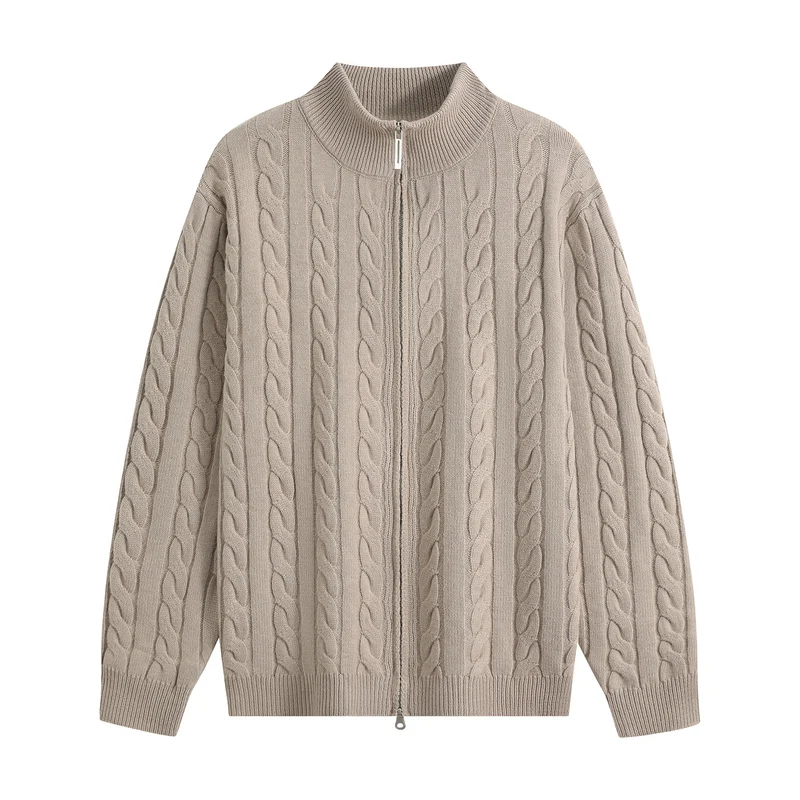 Herren Grobgestrickter Reißverschluss-Cardigan mit Zopfmuster, Stehkragen und Oversize-Schnitt Drune