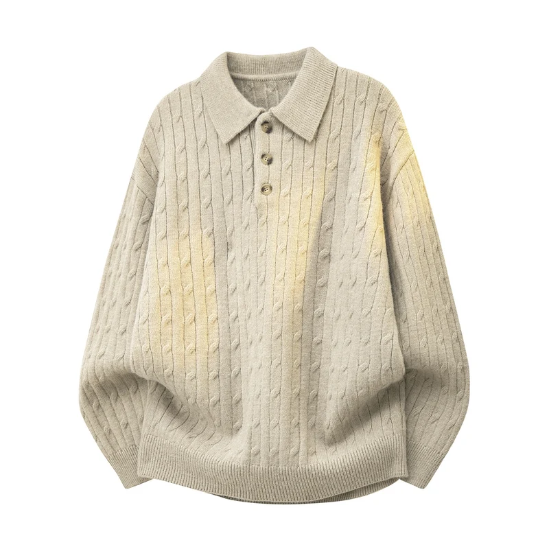 Herren Grobgestrickter Oversize-Polo-Pullover mit Knopfleiste & Zopfmuster Drune