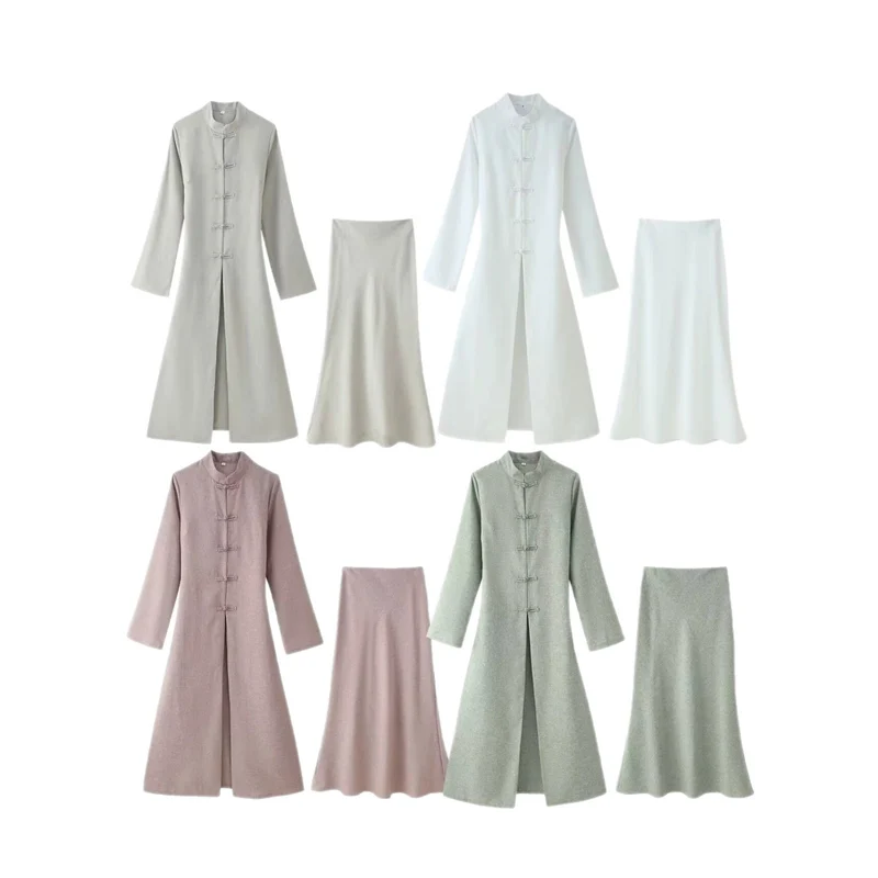 Damen Zweiteiliges Set langer Mantel mit Stehkragen und A-Linien-Maxirock Drune
