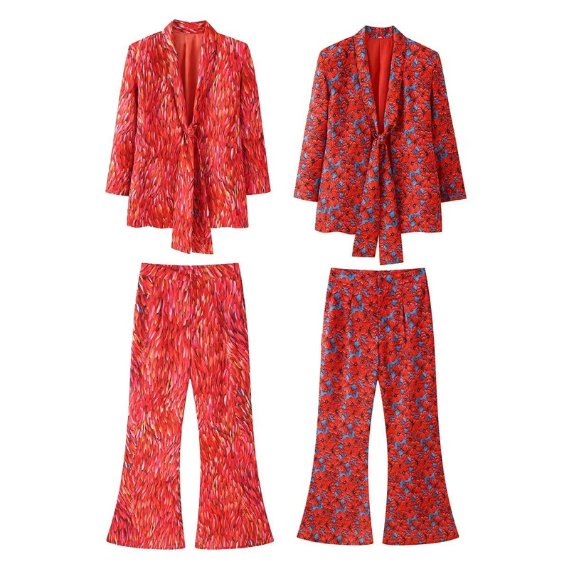 Damen Zweiteiliges Satin-Set mit lockerem Knotenblazer und ausgestellter Schlaghose Drune