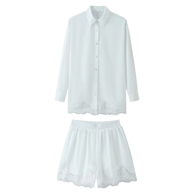 Damen Zweiteiliges Satin-Schlafanzug-Set mit Spitzenbesatz und Hemdjacke Drune