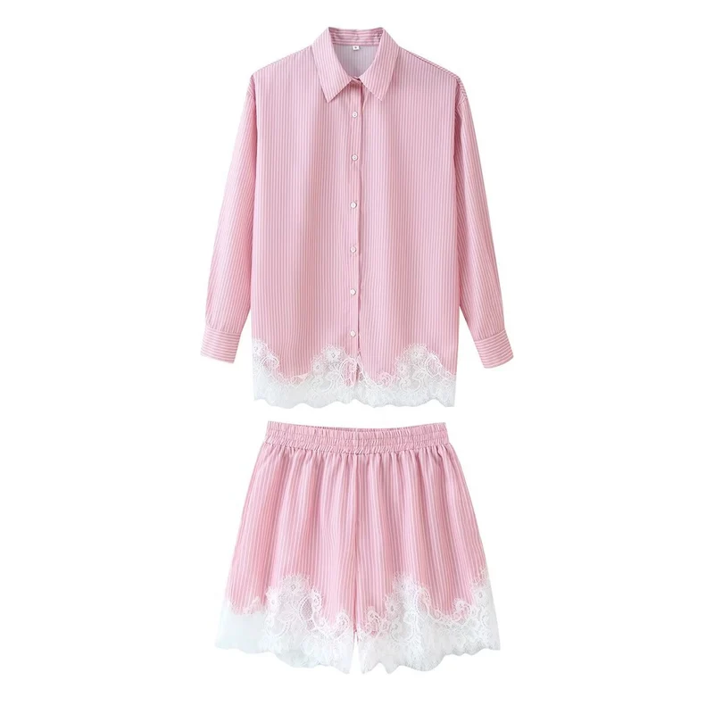 Damen Zweiteiliges Satin-Schlafanzug-Set mit Spitzenbesatz und Hemdjacke Drune