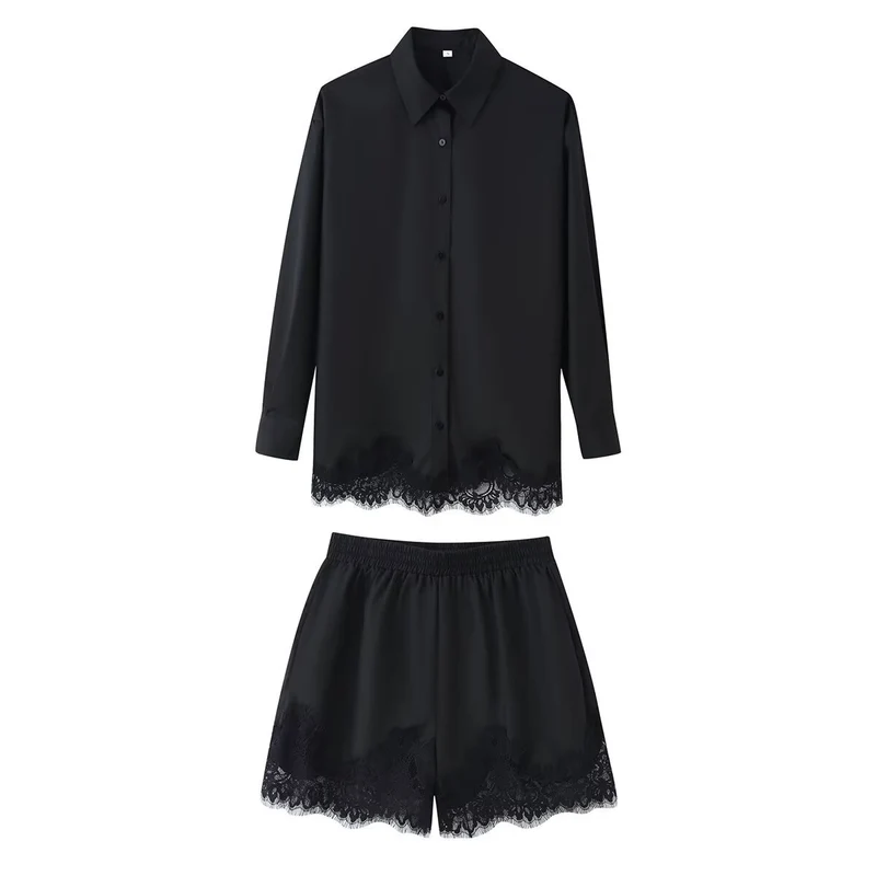 Damen Zweiteiliges Satin-Schlafanzug-Set mit Spitzenbesatz und Hemdjacke Drune