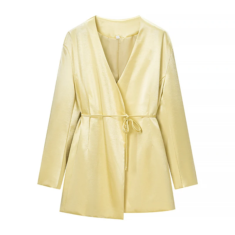 Damen Zweiteiliges Satin-Blazer-Set mit Wickeljacke und hochtaillierter Plissee-Weitbein-Hose Drune