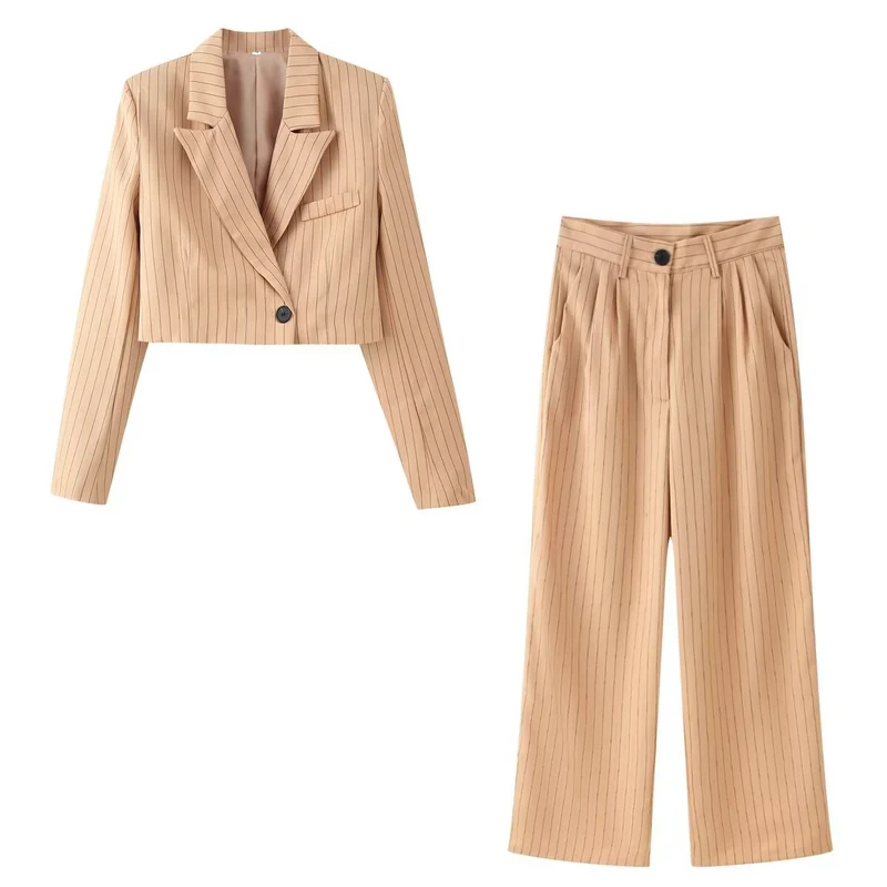 Damen Zweiteiliges Nadelstreifen-Kurzblazer mit hochgeschnittener weiter Hose Drune
