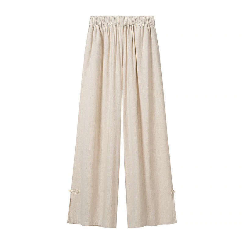 Damen Zweiteiliges Leinen-Set mit Stehkragen, Zierknotenverschlüssen und elastischer Weitbein-Hose Drune