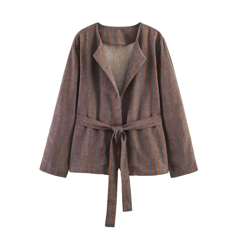 Damen Zweiteiliges Leinen-Set mit Bindegürteljacke und elastischer High-Waist-Hose Drune