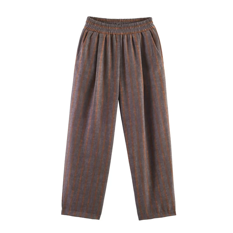 Damen Zweiteiliges Leinen-Set mit Bindegürteljacke und elastischer High-Waist-Hose Drune