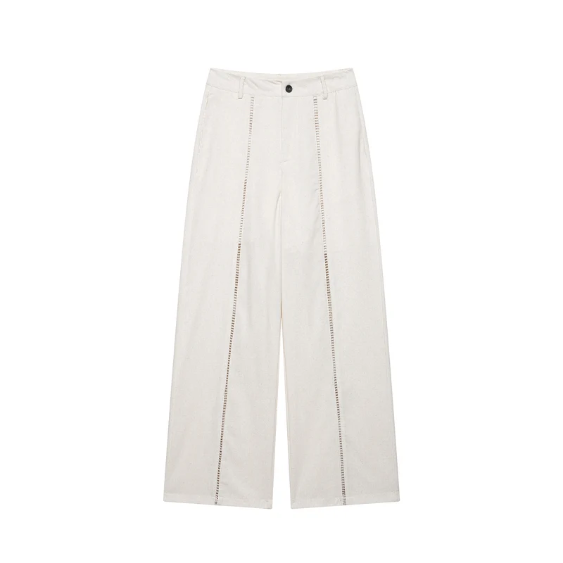 Damen Zweiteiliges Ensemble aus Wickelbluse mit Taillenschleife und weit geschnittener Leinenhose mit Zierstreifen Drune