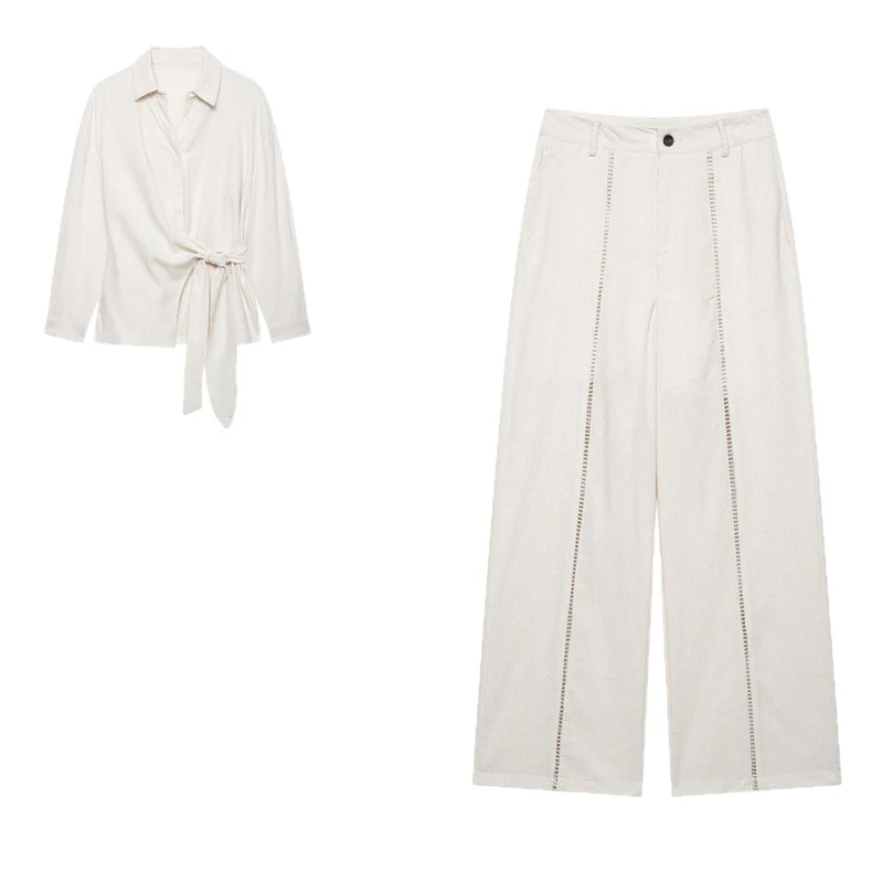 Damen Zweiteiliges Ensemble aus Wickelbluse mit Taillenschleife und weit geschnittener Leinenhose mit Zierstreifen Drune