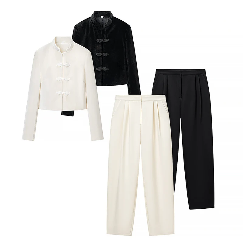 Damen Zweiteiliges Ensemble aus Kurzjacke mit Mandarin-Kragen und hochtaillierter Faltenhose Drune