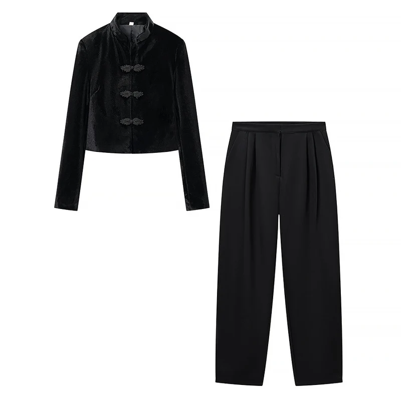 Damen Zweiteiliges Ensemble aus Kurzjacke mit Mandarin-Kragen und hochtaillierter Faltenhose Drune