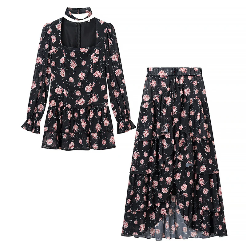 Damen Zweiteiliges Chiffon-Set mit Chokerbluse und stufigem Maxirock Drune