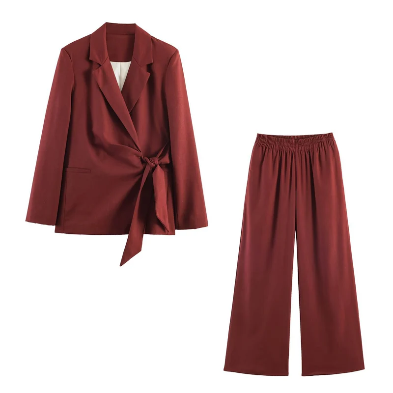 Damen Zweiteiliges Anzug-Set Wickelblazer mit Bindegürtel und Palazzo-Hose Drune