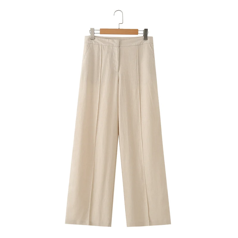 Damen Weit geschnittene Leinenhose mit Bügelfalte und hoher Taille Drune