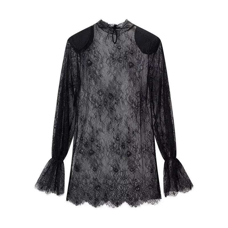 Damen transparente Spitzenbluse mit Stehkragen, Trompetenärmeln und Spitzensaum Drune